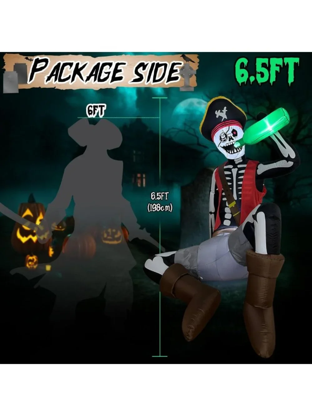 6.5FT Inflatable Pirate Skeleton Halloween Decor with Lights for Outdoor Fun